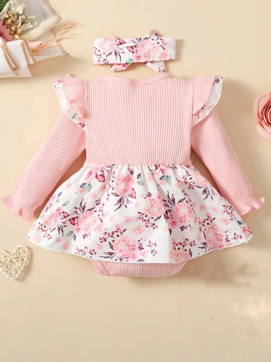 Vestido Macacão Floral com Fita de Cabelo 🌸👶